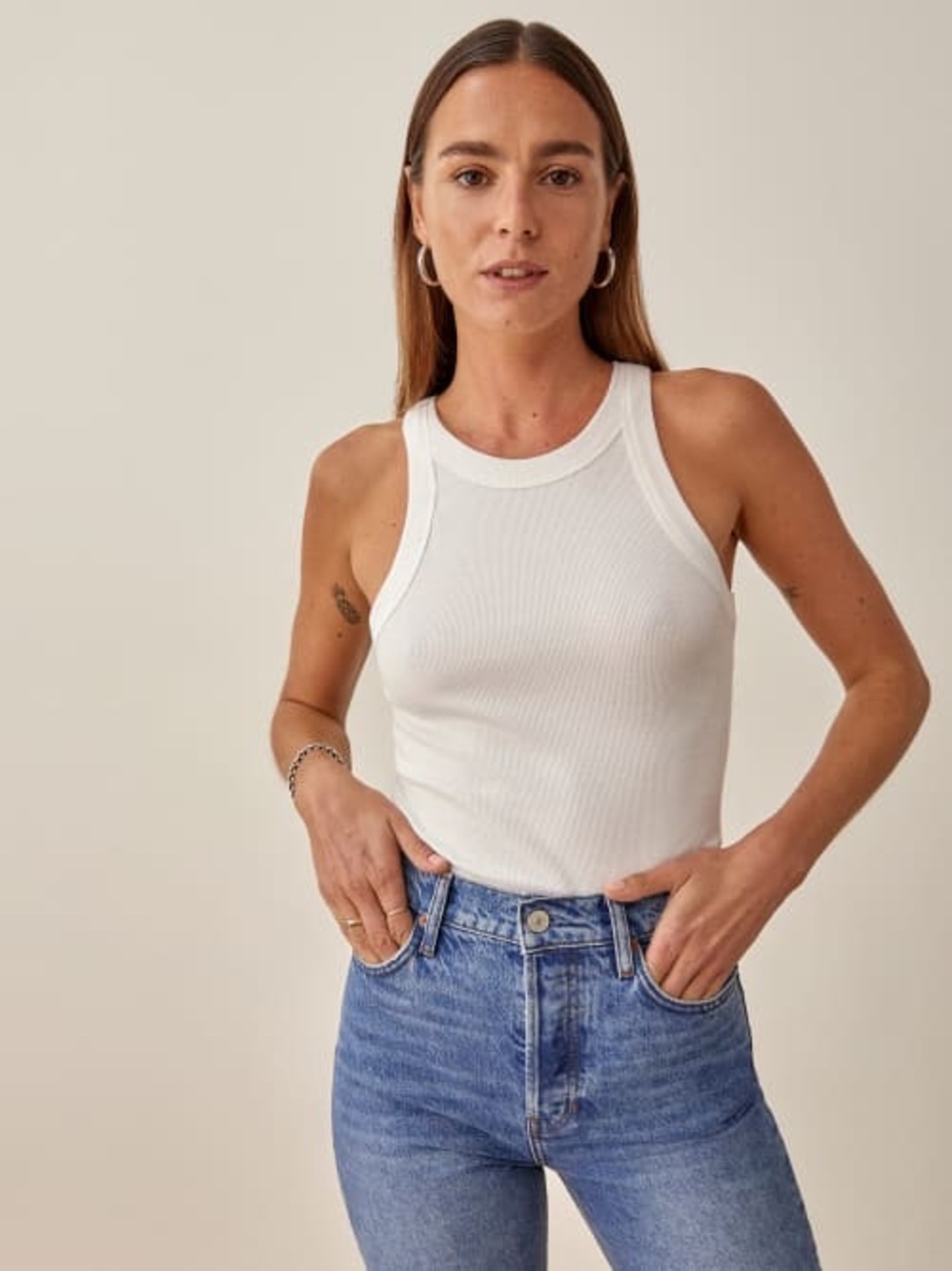 Reformation Tasha Ivory Ribbed Racer Tank